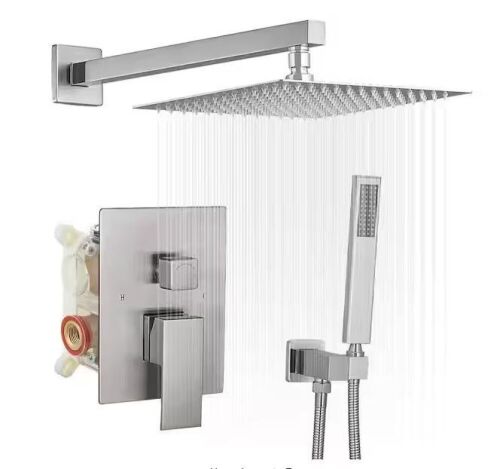 BWE 2-Spray Patterns With 2.5 GPM 12 in. Showerhead Wall Mounted Dual Shower Heads With Valve in Brushed Nickel - Lot 272