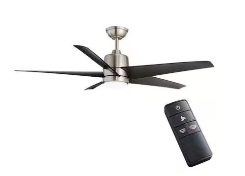 Hampton Bay Mena 54 in. White Color Changing Integrated LED Indoor/Outdoor Brushed Nickel Ceiling Fan with Light Kit and Remote - Lot 282
