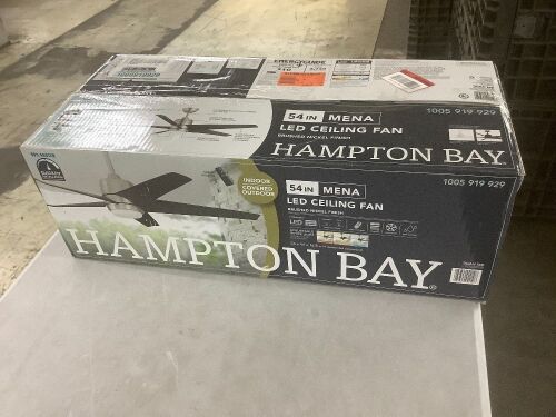 Hampton Bay Mena 54 in. White Color Changing Integrated LED Indoor/Outdoor Brushed Nickel Ceiling Fan with Light Kit and Remote - Lot 283