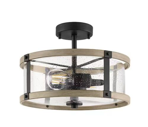 Hampton Bay Richland 2-Light Grey Wood Semi Flush Mount Clear Seedy Glass - Lot 292
