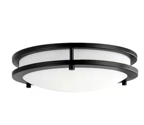Hampton Bay Flaxmere 12 in. Matte Black Dimmable Integrated LED Flush Mount Ceiling Light with Frosted White Glass Shade - Lot 297