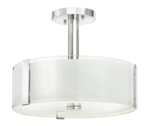 Hampton Bay Bourland 14 in. 3-Light Polished Chrome Semi-Flush Mount Ceiling Light Fixture with White and Clear Glass Double Shade - Lot 299
