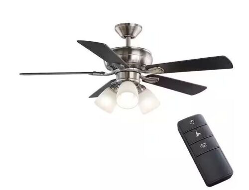 Hampton Bay Riley 44 in. Indoor LED Brushed Nickel Ceiling Fan with Light Kit, 5 QuickInstall Reversible Blades and Remote Control - Lot 583