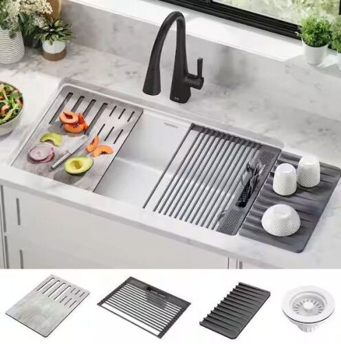 Delta Everest White Granite Composite 32 in. Single Bowl Undermount Kitchen Sink with Accessories - Lot 660