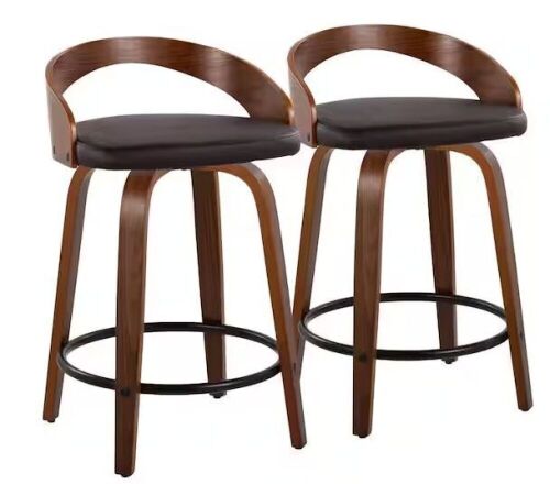 Lumisource Grotto 21 in. Faux Leather, Walnut Wood and Black Metal Fixed-Height Counter Stool, Set of 2 - Lot 672