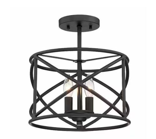 Hampton Bay Hastings 13.5 in. 2-Light Satin Bronze Industrial Caged Drum Ceiling Semi Flush Mount Light - Lot 680