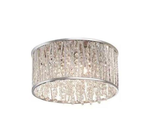 Home Decorators Collection Saynsberry 11.5 in. 3-Light Polished Chrome Flush Mount Ceiling Light Fixture with Crystal Drum Shade - Lot 682
