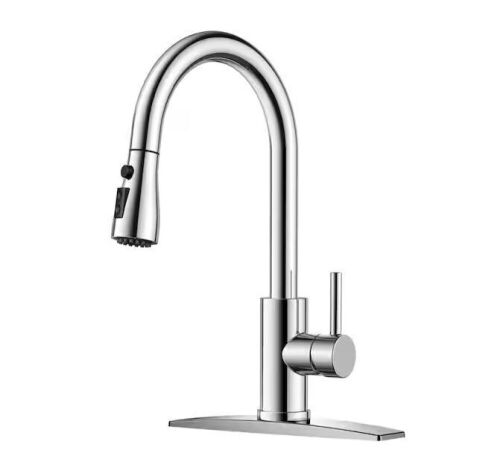 FORIOUS Single-Handle Kitchen Faucet with Pull Down Sprayer and Deck Plate in Chrome - Lot 790