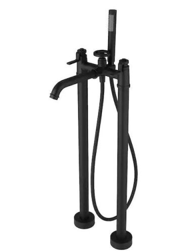 BWE 3-Handle Freestanding Floor Mount Roman Industrial Style Tub Faucet Bathtub Filler With Hand Shower In Matte Black - Lot 795