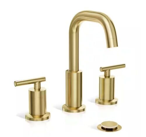 Phiestina 8 in. Wide spread 2-Handle Bathroom Faucet with Valve and Metal Pop-Up Drain, Brushed Gold - Lot 880