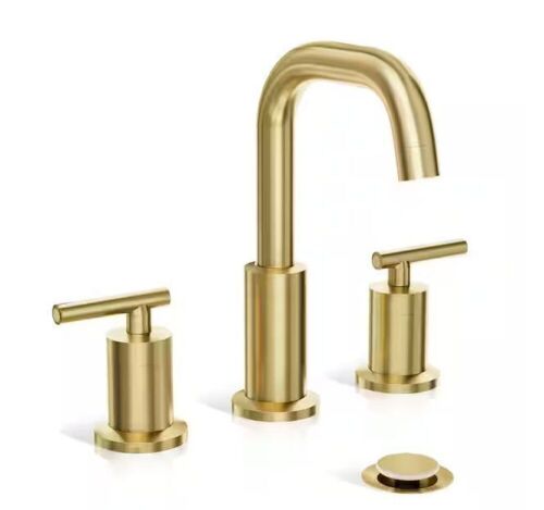 Phiestina 8 in. Wide spread 2-Handle Bathroom Faucet with Valve and Metal Pop-Up Drain, Brushed Gold - Lot 881
