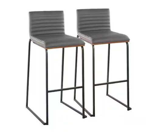 Lumisource Mason Mara 30.75 in. Grey Faux Leather and Black Metal High Back Bar Stool with Walnut Wood Seat Back, Set of 2  - Lot 66