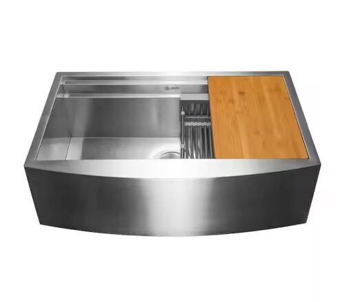 AKDY Handmade Farmhouse Apron Front 33 in. x 22 in. Single Bowl Stainless Steel Workstation Kitchen Sink with Accessories - Lot 74