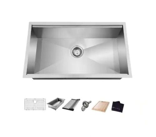 Glacier Bay Zero Radius 30 in. Undermount Single Bowl 18 Gauge Stainless Steel Kitchen Sink with Accessories - Lot 76