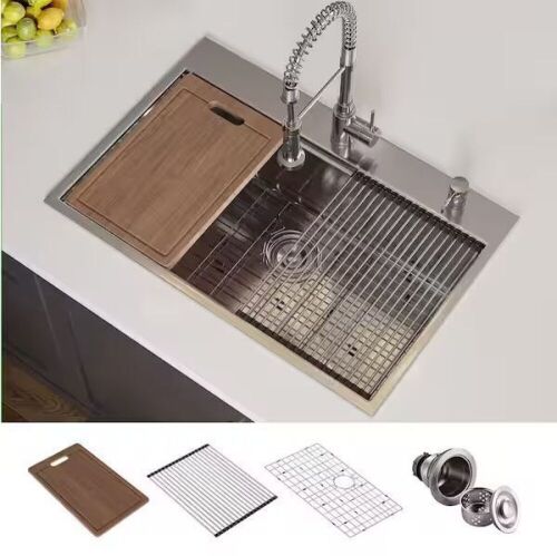 HOROW Drop-in Stainless Steel 33 in. Workstation Ledge Topmount Kitchen Sink 18-Gauge 2-Hole Single Bowl with Integrated Ledge - Lot 77