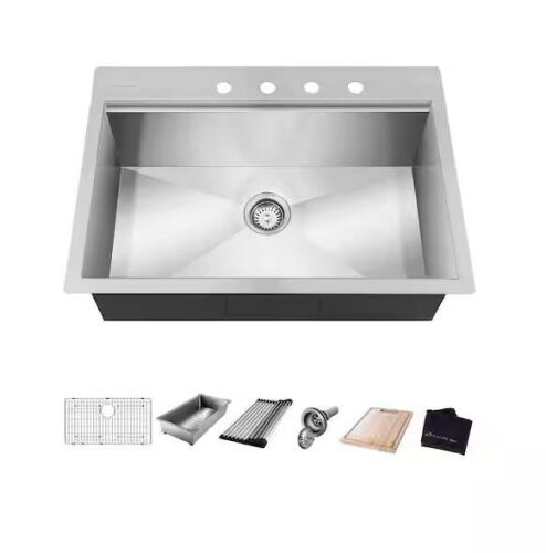Glacier Bay Zero Radius 27 in. Drop-In Single Bowl 18 Gauge Stainless Steel Kitchen Sink with Accessories - Lot 110