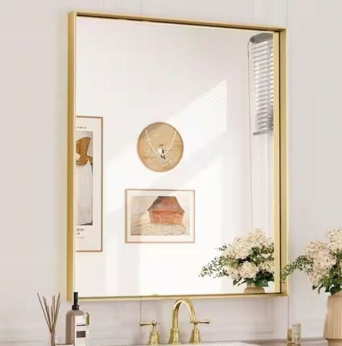  Keonjinn 30 in. W x 36 in. H Rectangular Framed Aluminum Square Corner Wall Mount Mirror in Brushed Brass - Lot 215