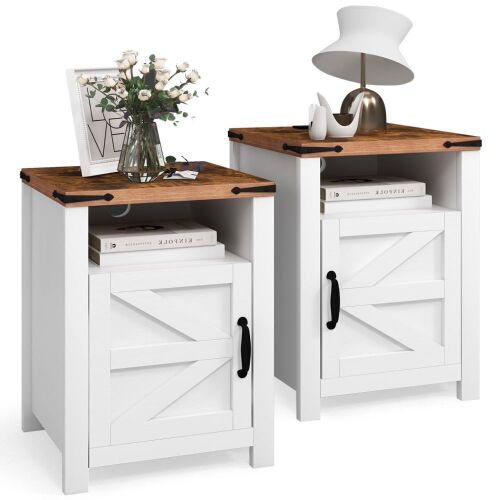 Farmhouse End Table with Barn Door, Charging Station, Set of 2  - Lot 864