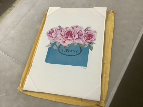 Stupell Industries 12.5 in. x 18.5 in. "High End Teal Shopping Bag Filled with Pink Roses" by Artist Amanda Greenwood Wood Wall Art - Dented - Lot 866