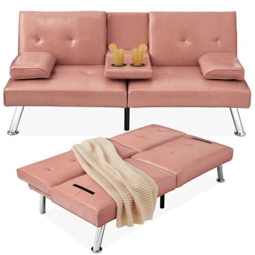 Faux Leather Upholstered Convertible Sofa Bed Futon w/ 2 Cupholders - Lot 80
