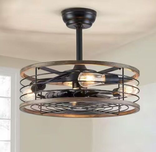 ANTOINE 20 in. Indoor 4-Light Black Farmhouse Caged Ceiling Fan with Light Small Bladeless Ceiling fan with Remote - Lot 532