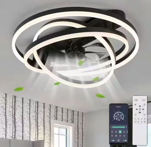 Oaks Aura Becca 24 in. DIY Shade LED Indoor Black Smart APP Control Modern Flush Mount Ceiling Fan with Light, Remote Included - Lot 533