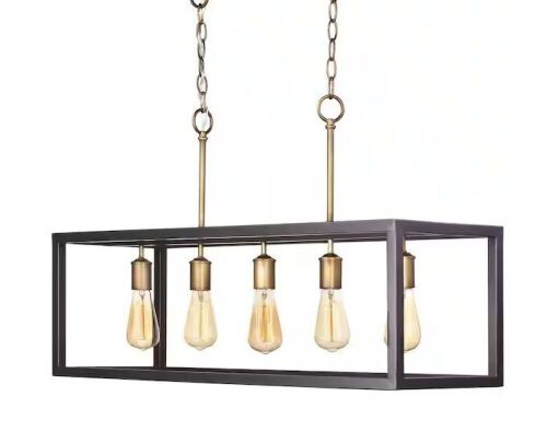  Hampton Bay Boswell Quarter 34 in. 5-Light Gold Coastal Farmhouse Linear Island Chandelier with Black Distressed Wood Accents - Lot 537
