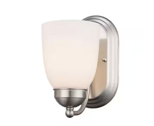 Bel Air Lighting Clayton 1-Light Brushed Nickel Indoor Wall Sconce Light Fixture with Frosted Glass Shade - Lot 623