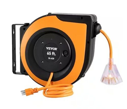 VEVOR Extension Cord Reel 65 ft. 15 Amp Heavy Duty Power Cord 12AWG/3C with Triple Tap Outlet for Ceiling or Wall Mount, Black - Lot 701