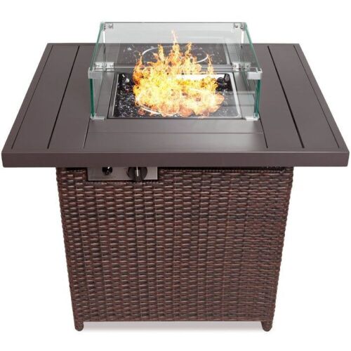 32in Fire Pit Table 50,000 BTU Wicker Propane w/ Wind Guard, Cover - Lot 23
