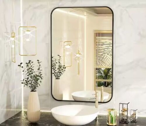 XRAMFY 24 in. W x 36 in. H Rectangular Aluminum Alloy Framed Rounded Black Wall Mirror - Lot 135