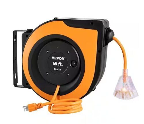 VEVOR Extension Cord Reel 65 ft. 15 Amp Heavy Duty Power Cord 12AWG/3C with Triple Tap Outlet for Ceiling or Wall Mount, Black - Lot 810