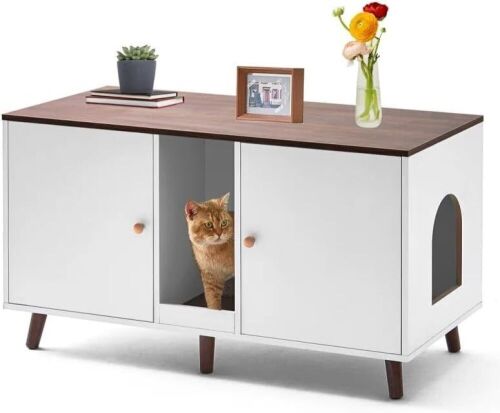  42.5" Double Cat Litter Box Cabinet Furniture with Scratching Pad, White  - Lot 62