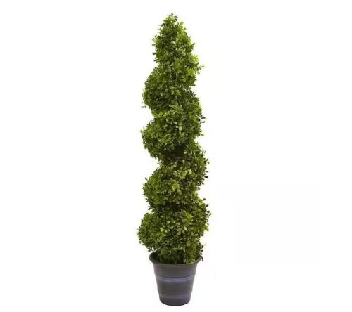 Nearly Natural Indoor and Outdoor 48 in. Artificial Boxwood Spiral Topiary with Planter - Lot 828