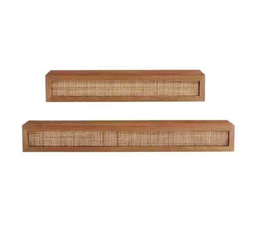 StyleWell Natural Wood Floating Wall Shelves with Rattan Caning Detail, Set of 2 - Lot 850