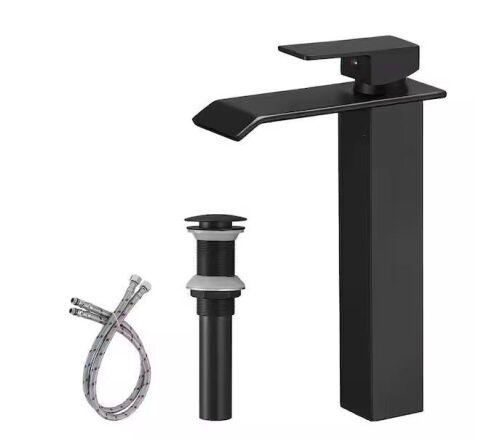 BWE Waterfall Single Hole Single Handle Bathroom Vessel Sink Faucet With Pop-up Drain Assembly in Matte Black - Lot 201