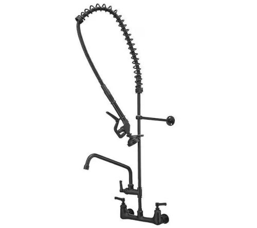 BWE Commercial Restaurant Wall Mount Double Handle Pull Down Sprayer Kitchen Faucet Pre-Rinse Utility in Matte Black - Lot 206