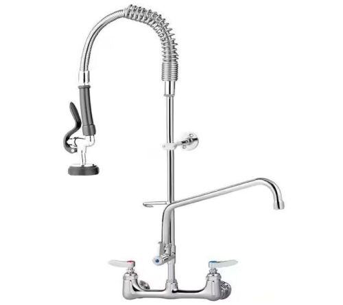Commercial Wall Mount Triple Handle Pull Down Sprayer Kitchen Faucet with Pre-Rinse Sprayer Stainless Steel in Silver - Lot 207