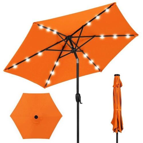 Outdoor Solar Patio Umbrella w/ Push Button Tilt, Crank Lift - 7.5ft - Lot 604