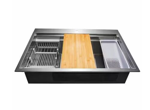 AKDY 30 in. Drop-in Single Bowl 18 Gauge Brushed Stainless Steel Workstation Kitchen Sink with Accessories - Lot 614