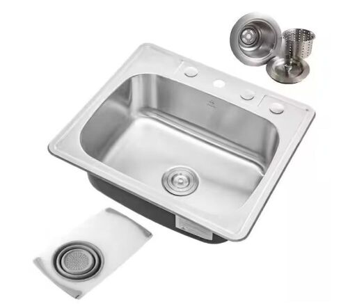 Topmount Drop-In 18G Stainless Steel 25 in. x 22 in. 4-Faucet Hole Single Bowl Kitchen Sink with Colander and Strainer - Lot 703
