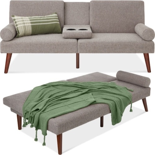 Fabric Upholstered Convertible Futon w/ Rounded Armrests, 2 Cupholders - Lot 6162