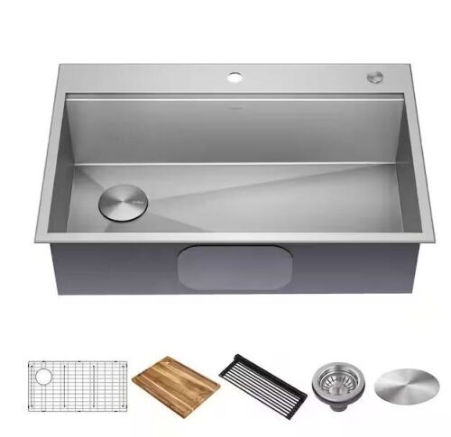 KRAUS Loften 33 in. Drop-In/Undermount Single Bowl 18 Gauge Stainless Steel Kitchen Workstation Sink with Accessories - Lot 36