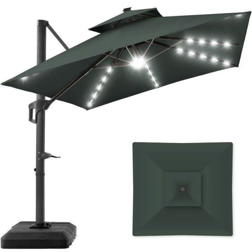 2-Tier Square LED Cantilever Offset Umbrella w/ 360 Rotation, Base - 10x10ft - Lot 73