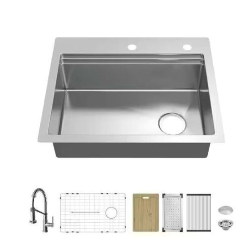 Glacier Bay Dolancourt Tight Radius 27 in. Drop-In Single Bowl 18G Stainless Steel Workstation Kitchen Sink with Spring Neck Faucet - Lot 81