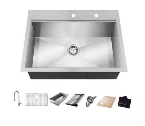 Glacier Bay Zero Radius 27 in. Drop-In Single Bowl 18 Gauge Stainless Steel Workstation Kitchen Sink with Spring Neck Faucet - Lot 95