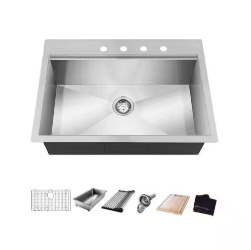 Glacier Bay Zero Radius 27 in. Drop-In Single Bowl 18 Gauge Stainless Steel Kitchen Sink with Accessories - Dented Corner - Lot 151