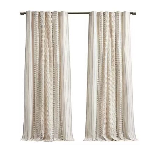 INK+IVY Imani Ivory 50 in. W x 84 in. L Cotton Printed Window Curtain with Chenille Stripe and Lining, 2 Panels - Lot 155