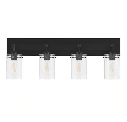 Hampton Bay Regan 29.25 in. 4-Light Matte Black Bathroom Vanity Light with Clear Glass Shades - Lot 294
