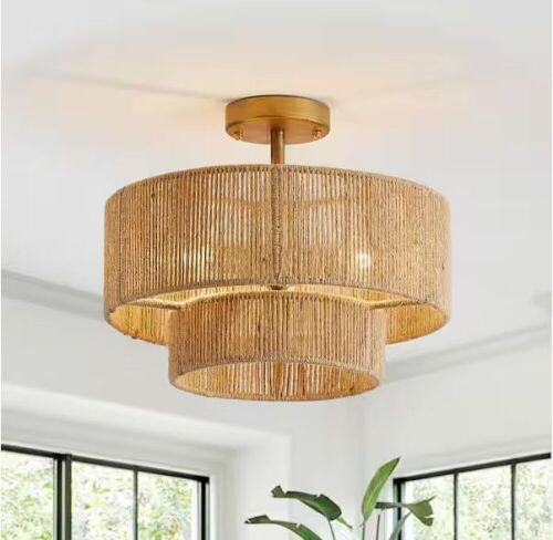 Flint Garden 15.4 in. 3-Light Bohemian Antique Gold Two-Tier Drum Semi- Flush Mount with Natural Jute Rope Shade - Lot 299